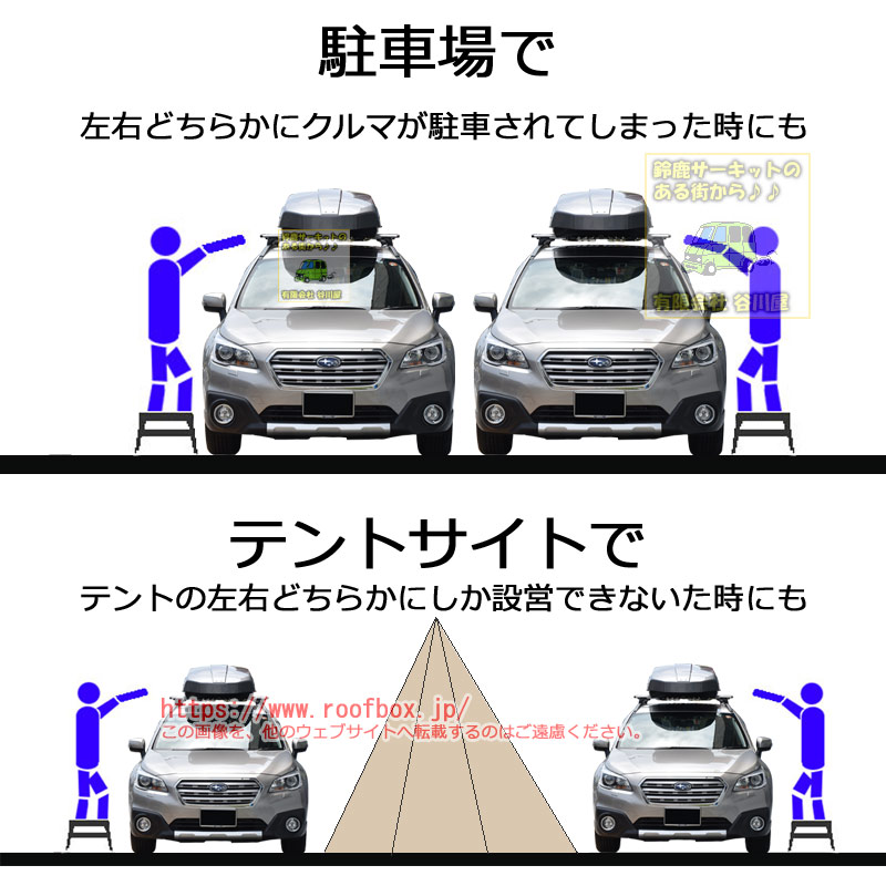 キャンプ　ルーフボックス　両方から開く